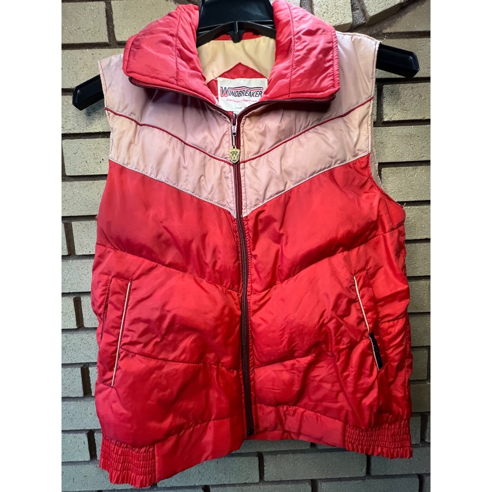 VTG Windbreaker Down Puffer Ski Vest Red Pink Chevron Zip Outerwear Sportswear‎